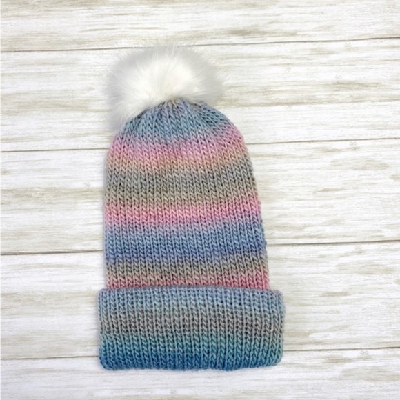Pom Pom Hat, Knit Hat, Striped Hat, Pastel Beanie, Brand New, Never Worn - Picture 1 of 4